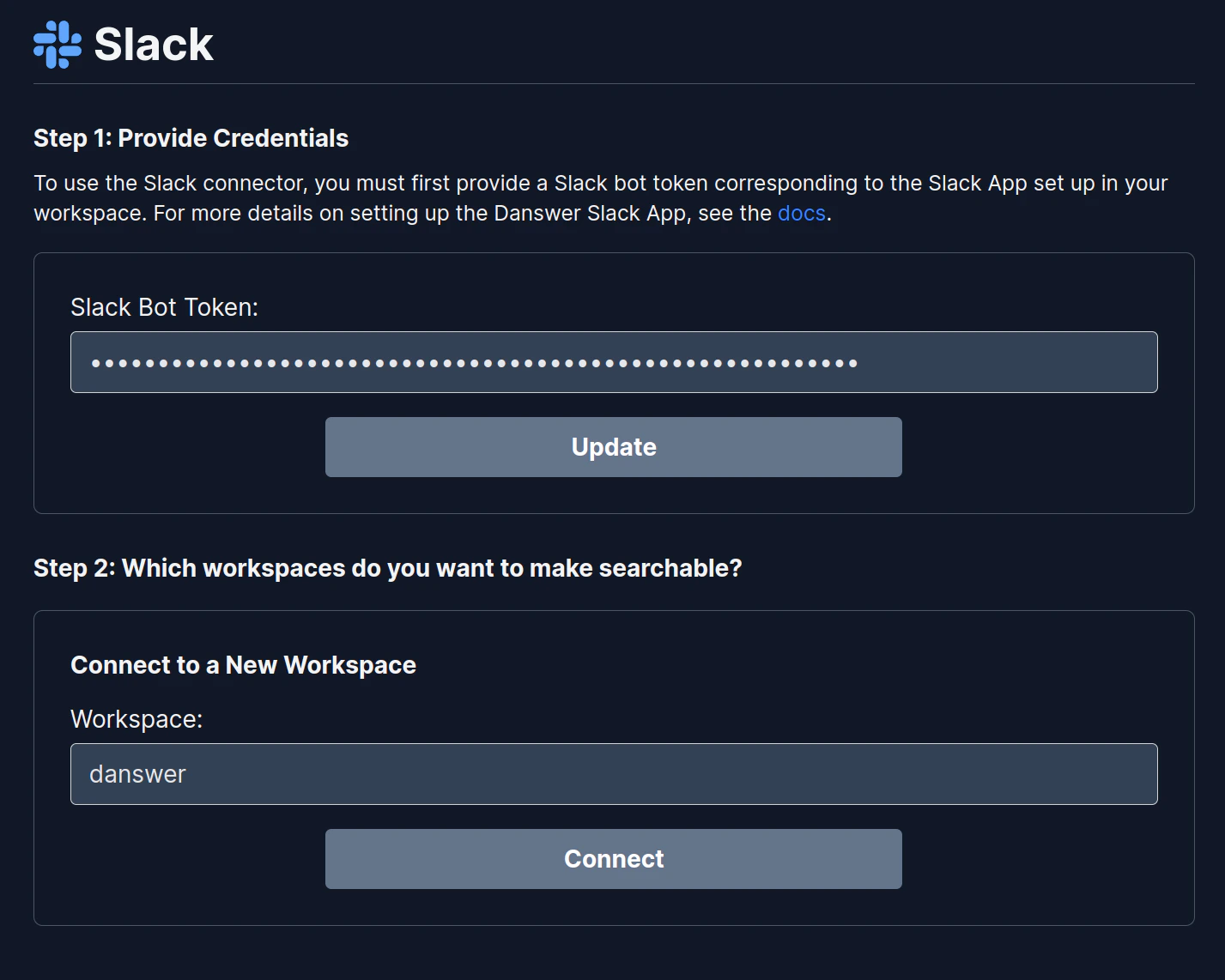 Onyx Slack connector settings showing Bot User OAuth Token input