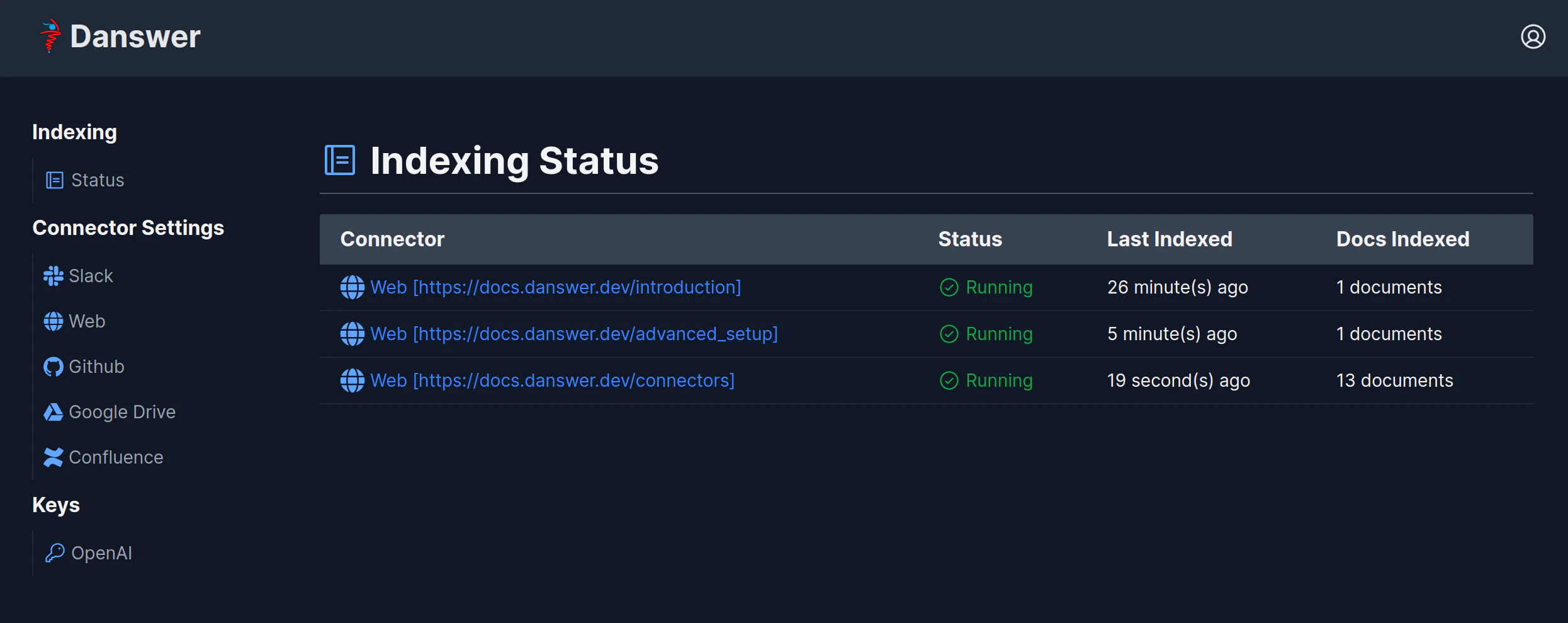 Onyx Connectors Status page showing web crawl progress