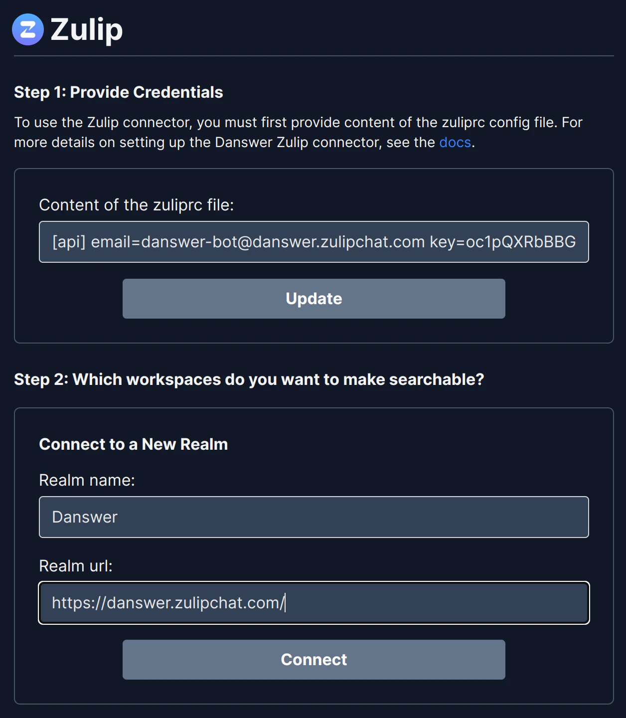 Onyx Zulip connector configuration with realm, URL, and zuliprc