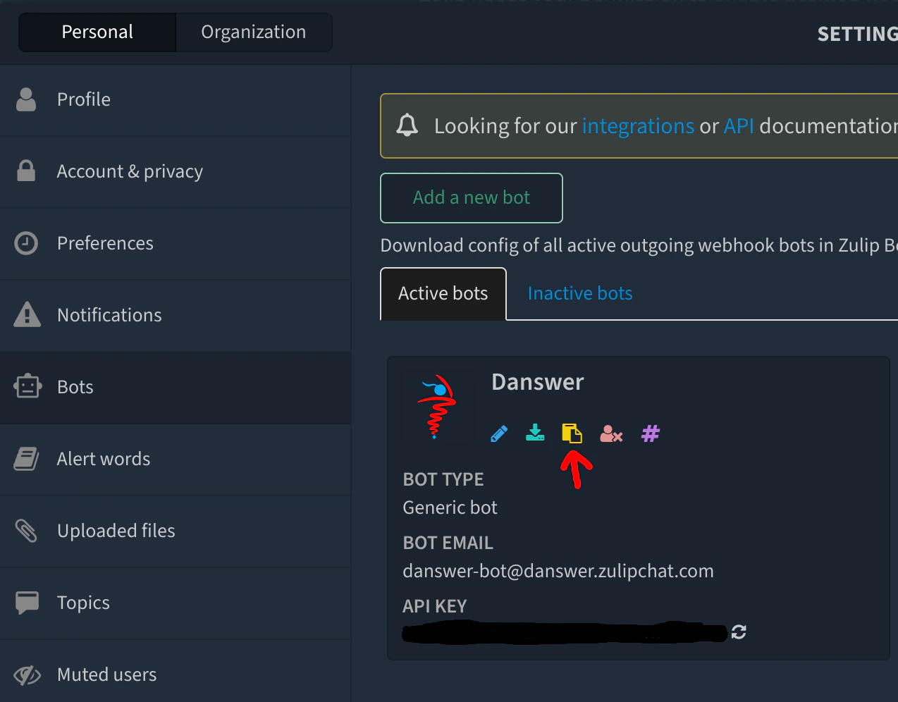Zulip bot page highlighting the zuliprc configuration download