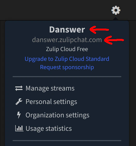 Zulip UI showing Realm and URL details