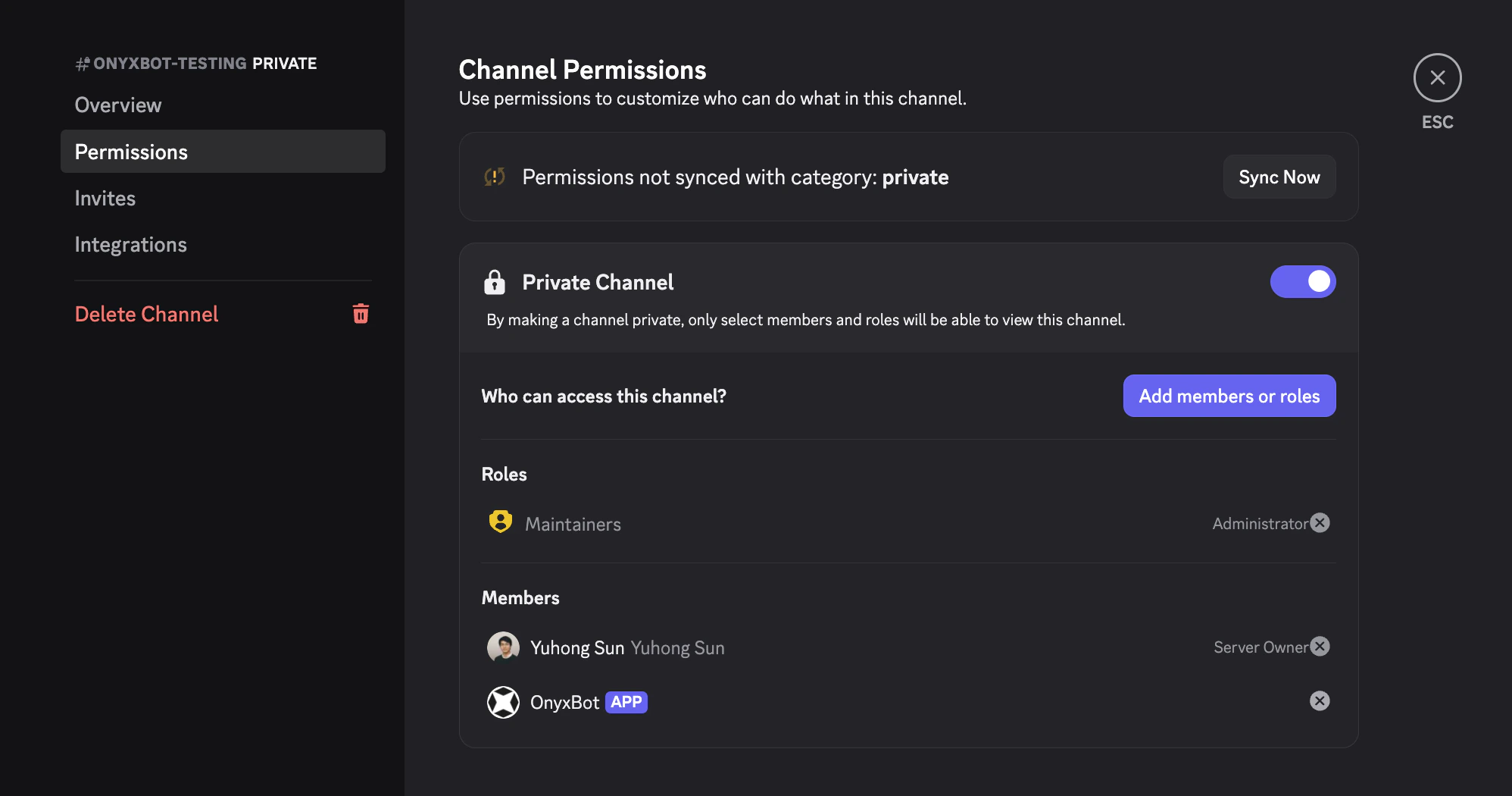 Allow OnyxBot to access a private text channel