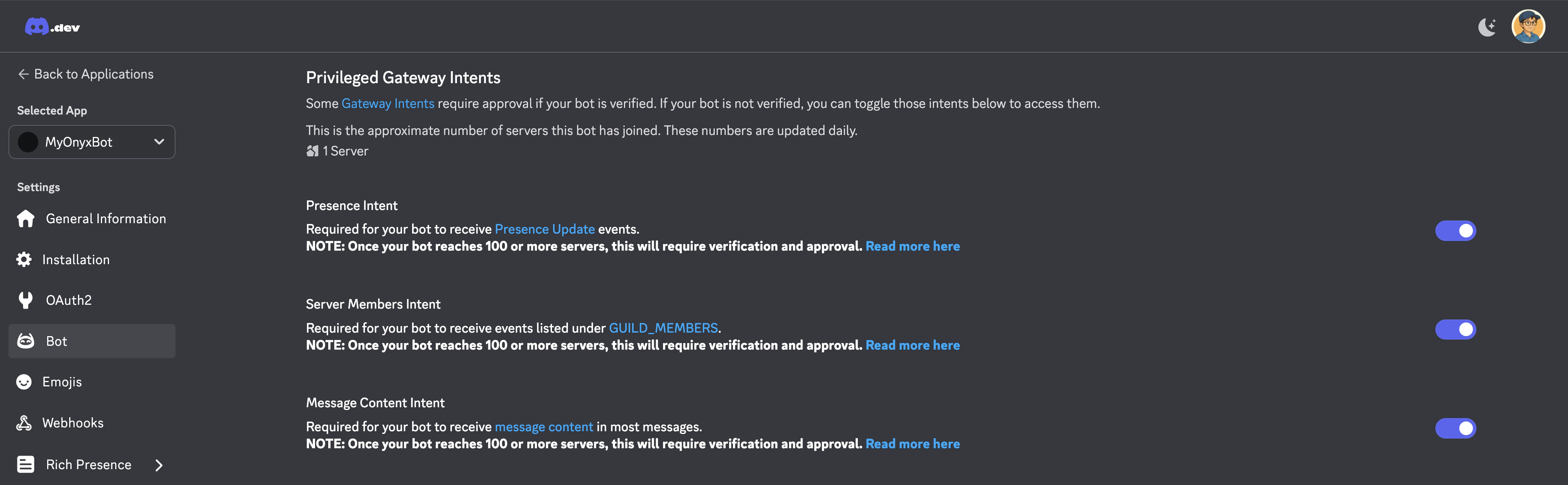 Discord privileged gateway intents
