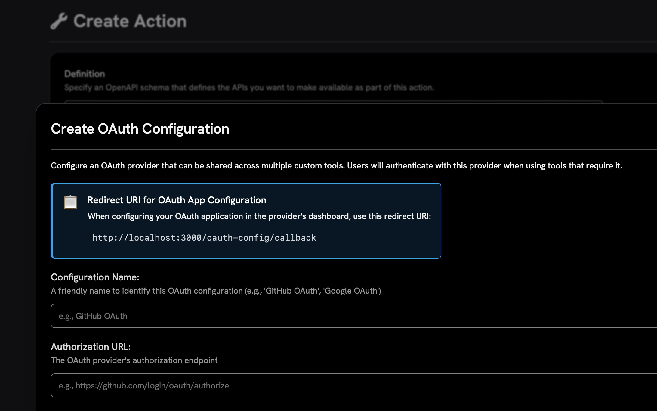 OAuth Actions configuration