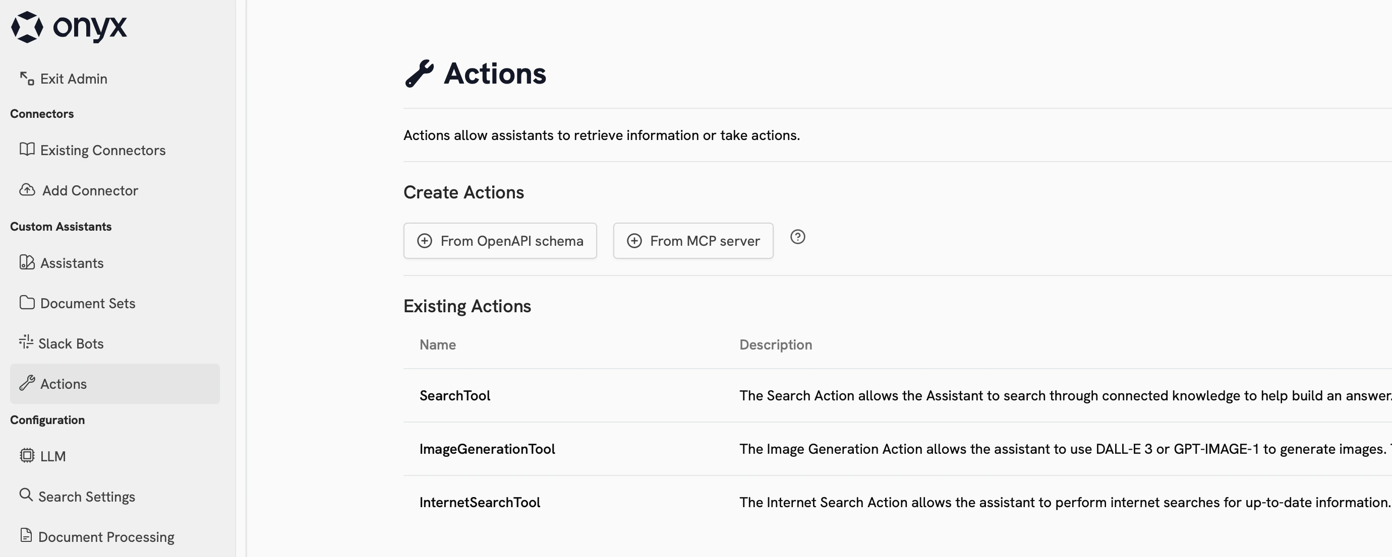 Actions dashboard in Onyx Admin Panel