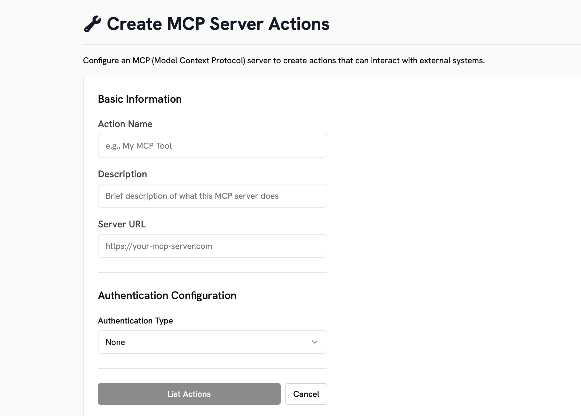 Creating an MCP action in Onyx Admin Panel