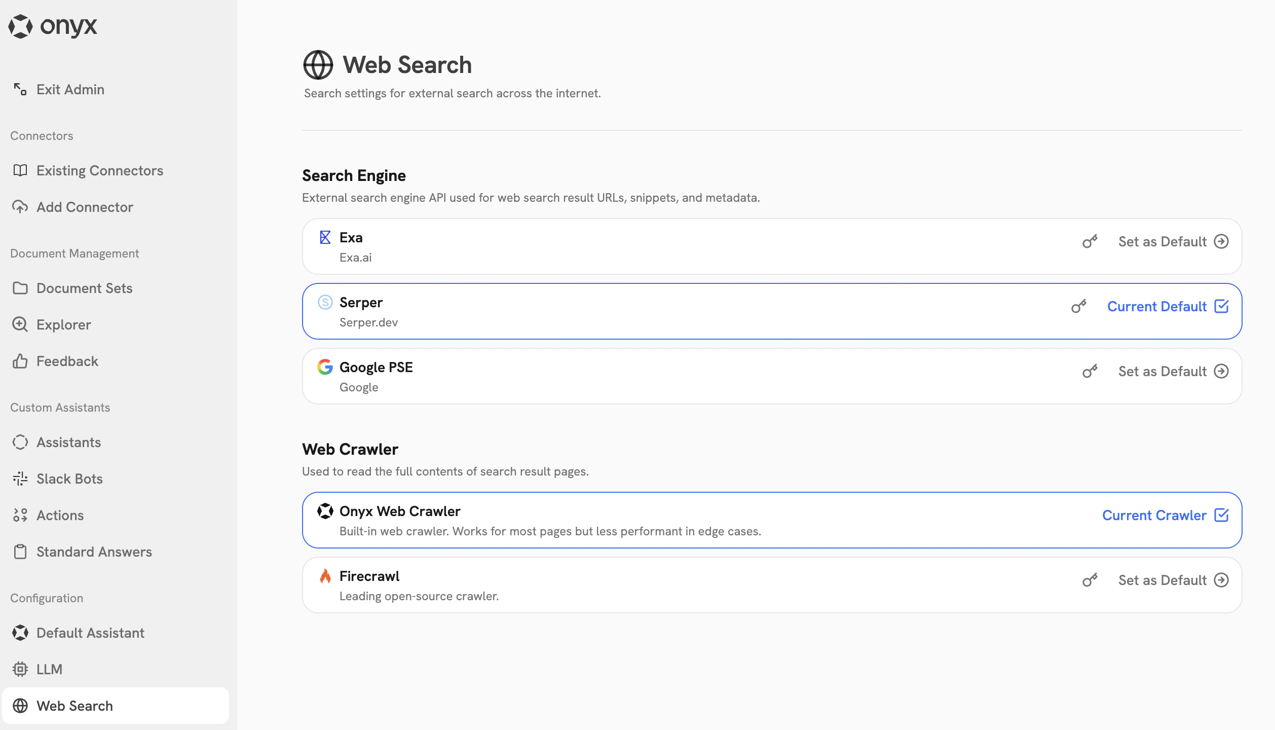 Web Search dashboard in Onyx Admin Panel