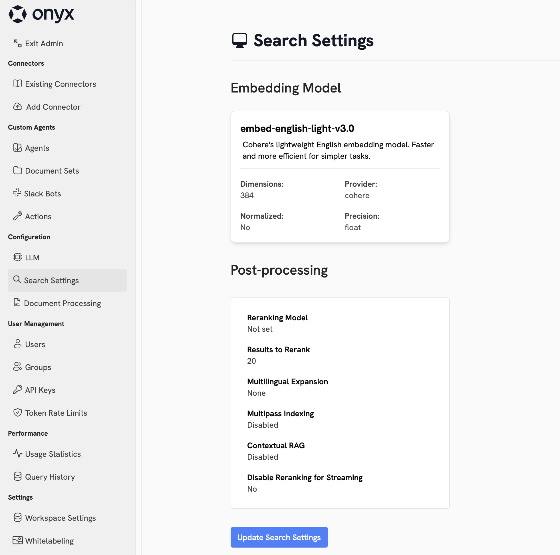 Search settings overview page
