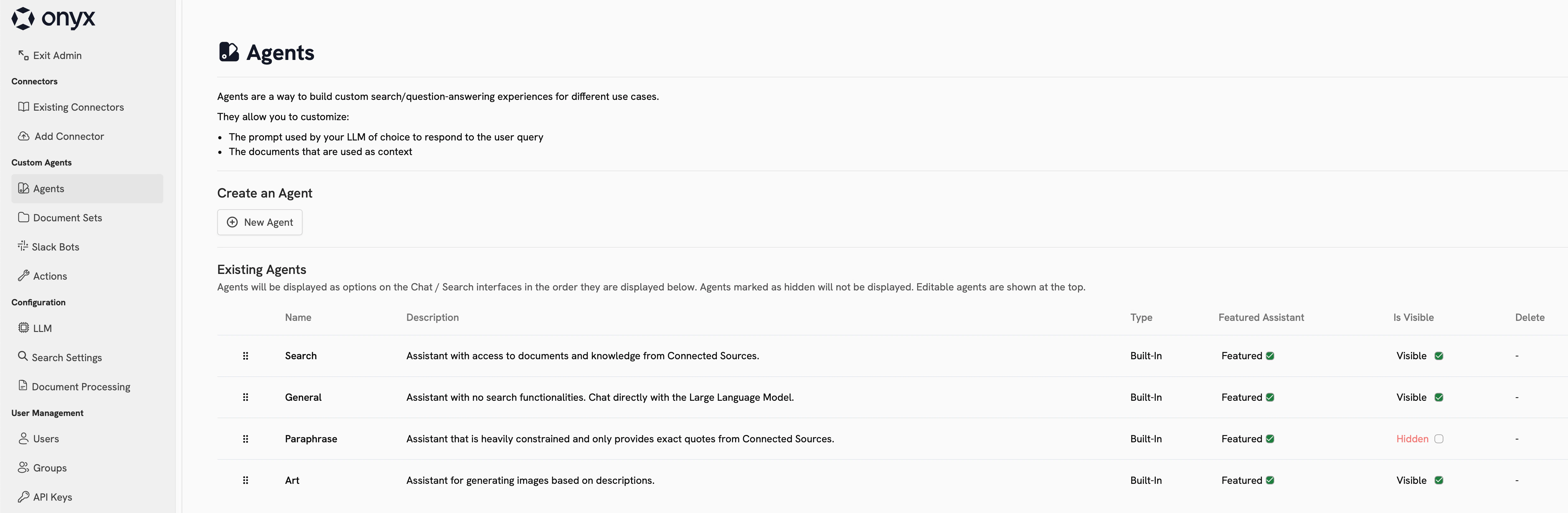 Onyx Agents Overview page showing available agents