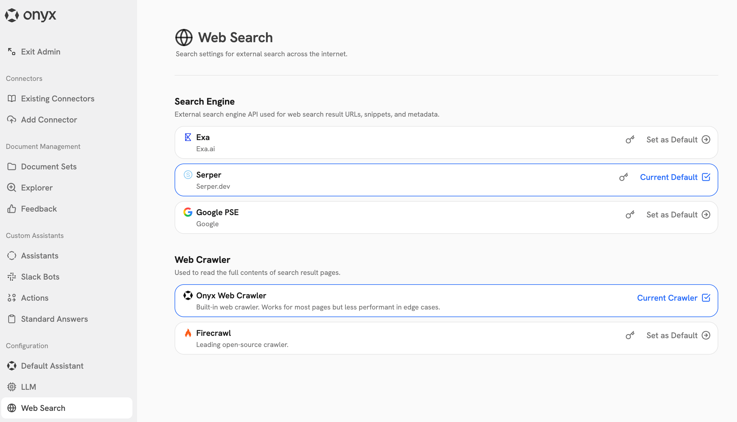 Web Search dashboard in Onyx Admin Panel