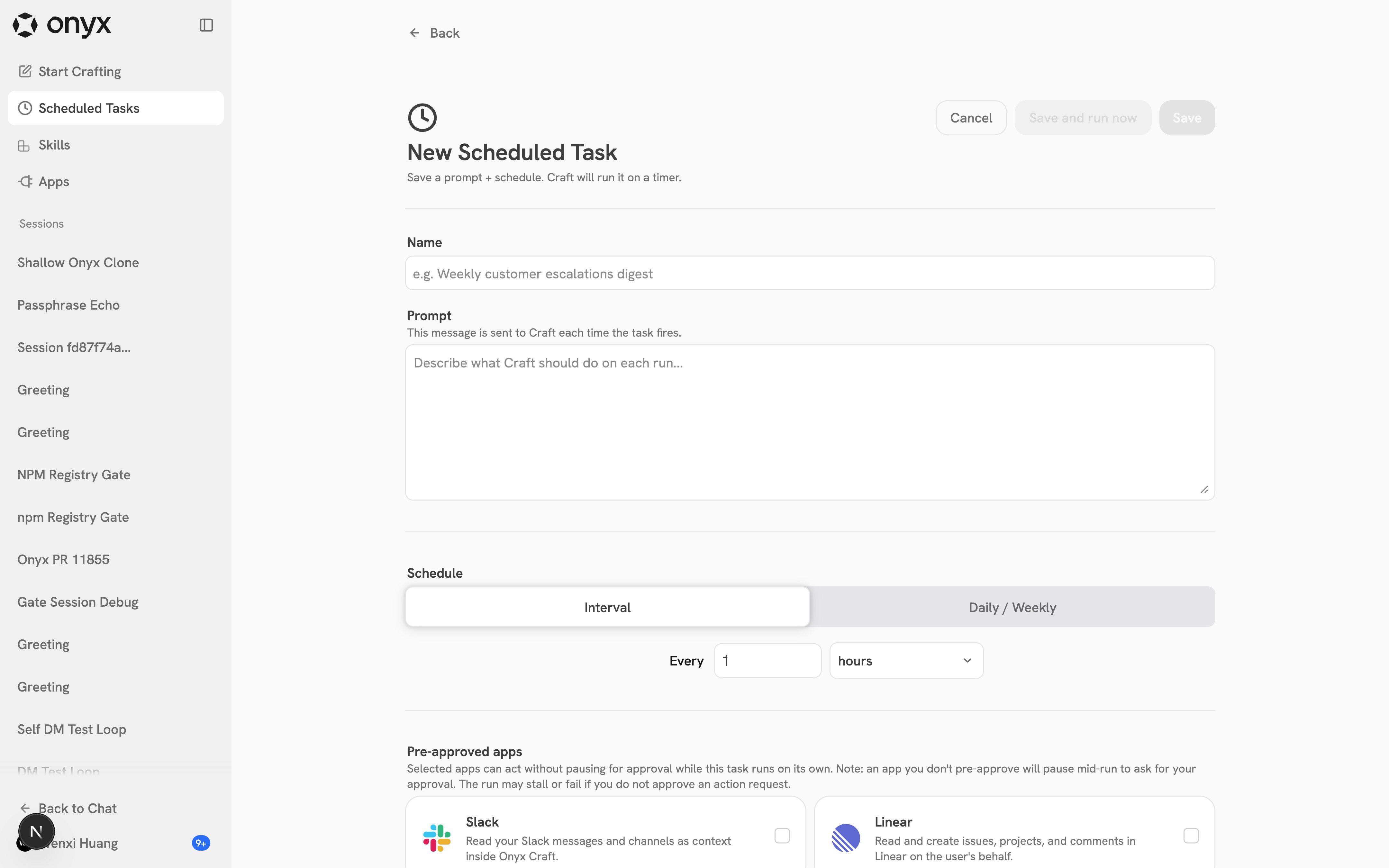 The New Scheduled Task form showing the name, prompt, schedule, and pre-approved apps fields