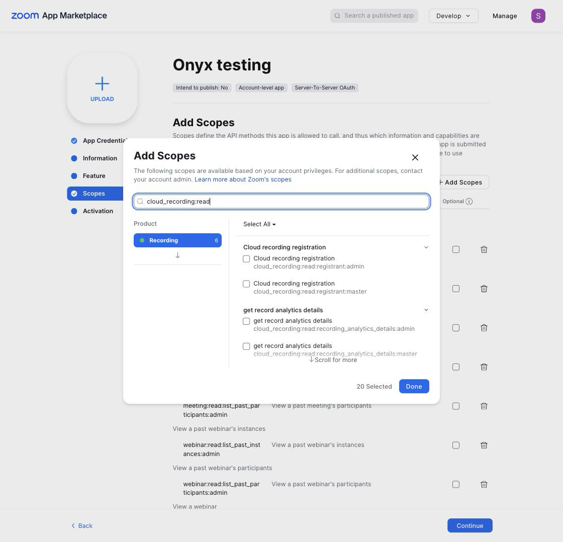 The Add Scopes dialog, filtered to the cloud_recording:read scopes