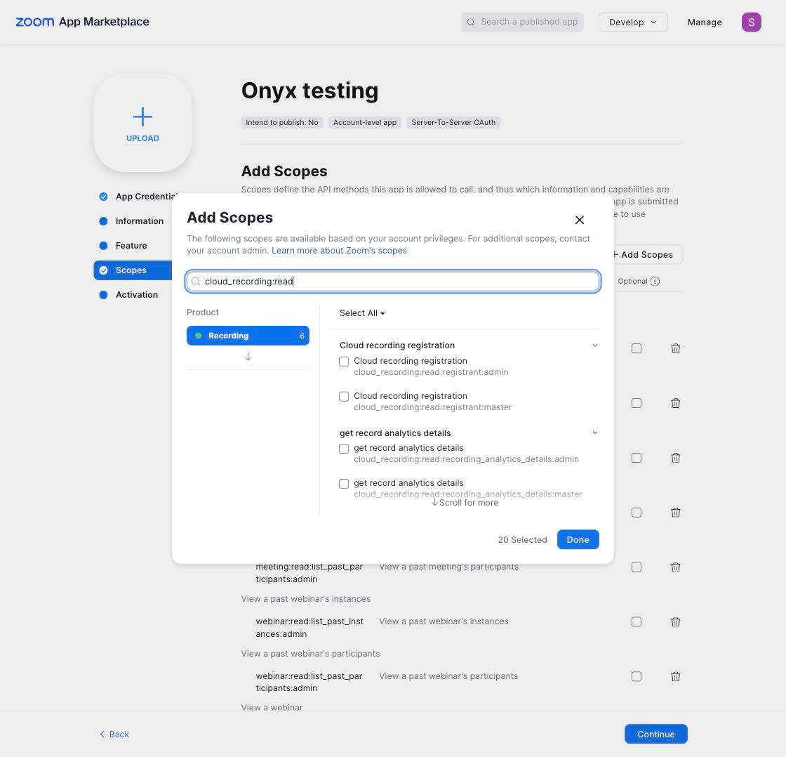 The Add Scopes dialog, filtered to the cloud_recording:read scopes