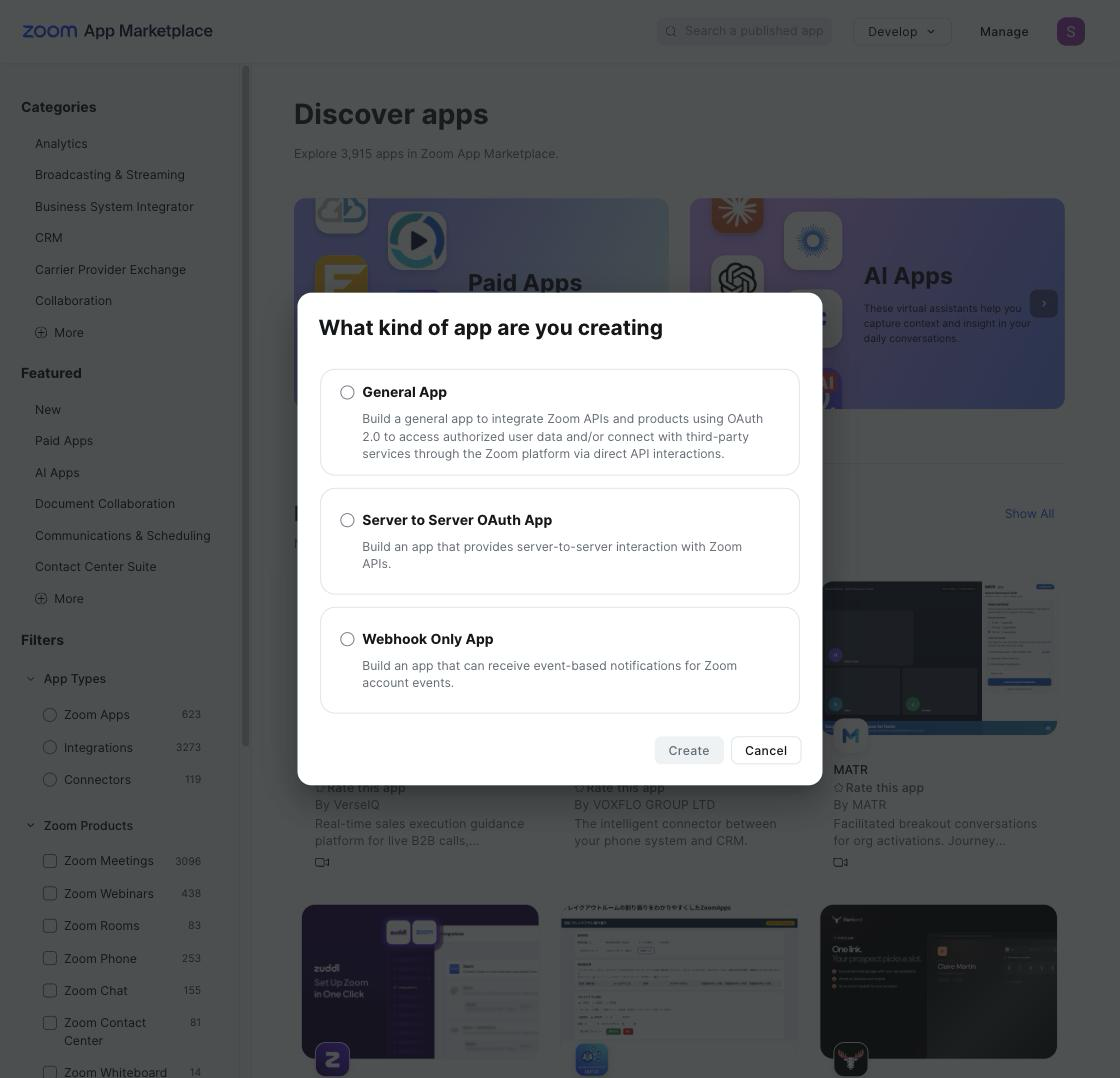 Zoom's app type chooser, with Server to Server OAuth App as one of the choices