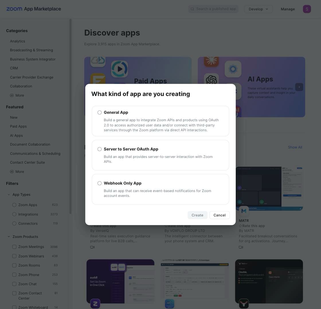 Zoom's app type chooser, with Server to Server OAuth App as one of the choices