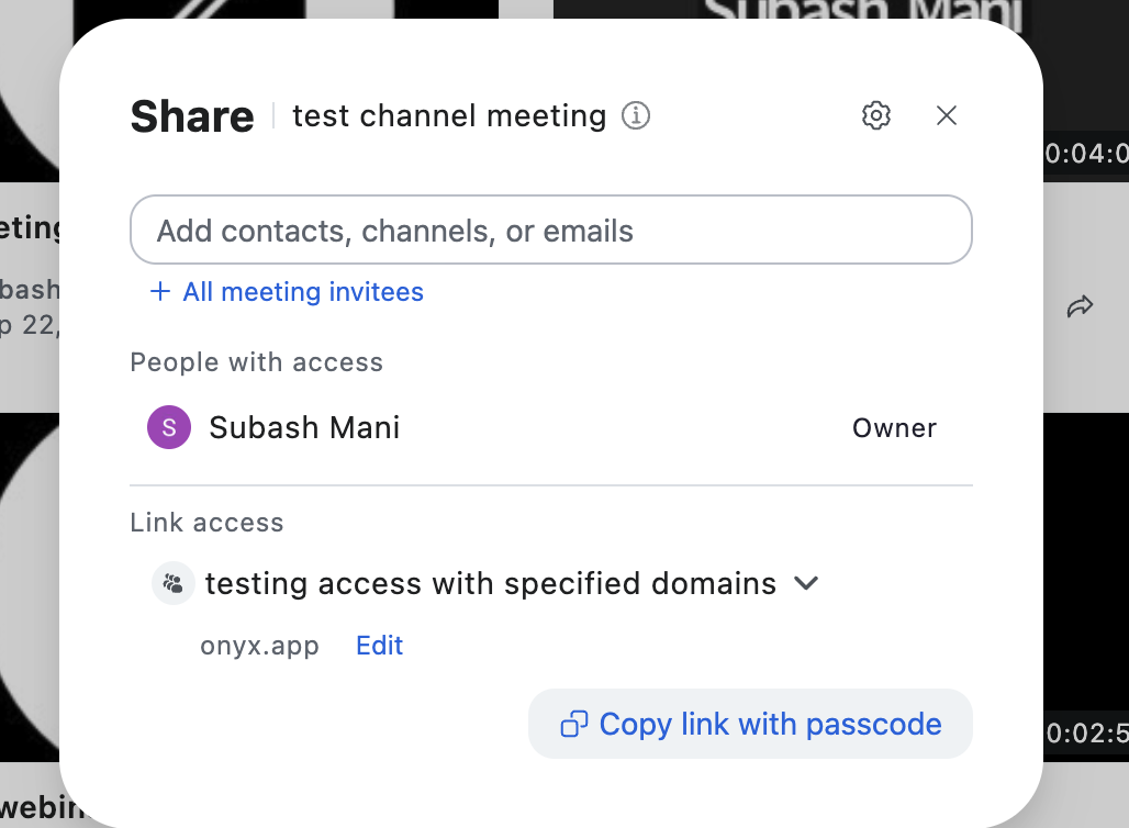 The Share dialog of a Zoom cloud recording, with its Link access setting