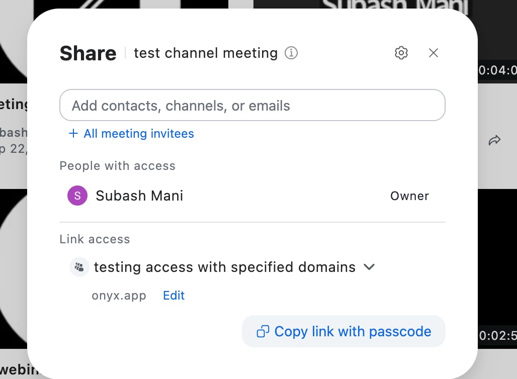 The Share dialog of a Zoom cloud recording, with its Link access setting