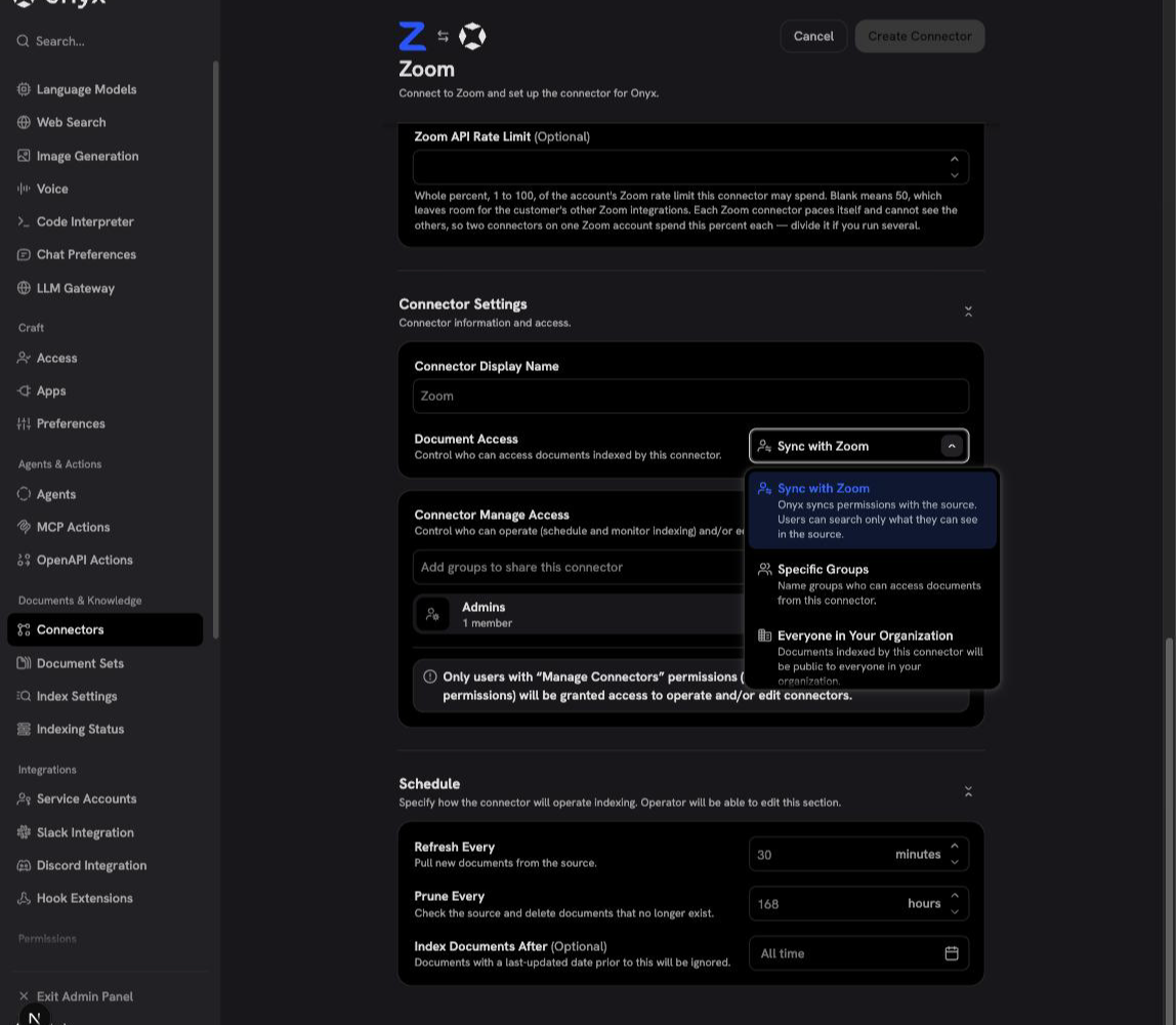 The Document Access options on the Zoom setup page