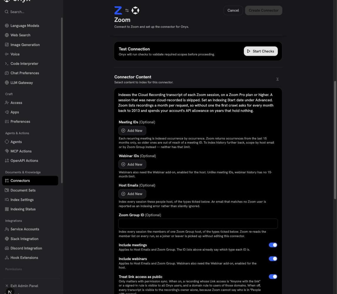 The Connector Content section of the Zoom setup page