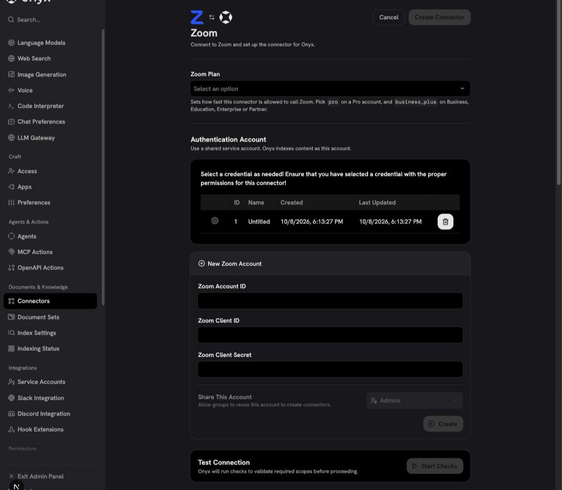 The Zoom setup page in Onyx, with the Zoom Plan field and the New Zoom Account form