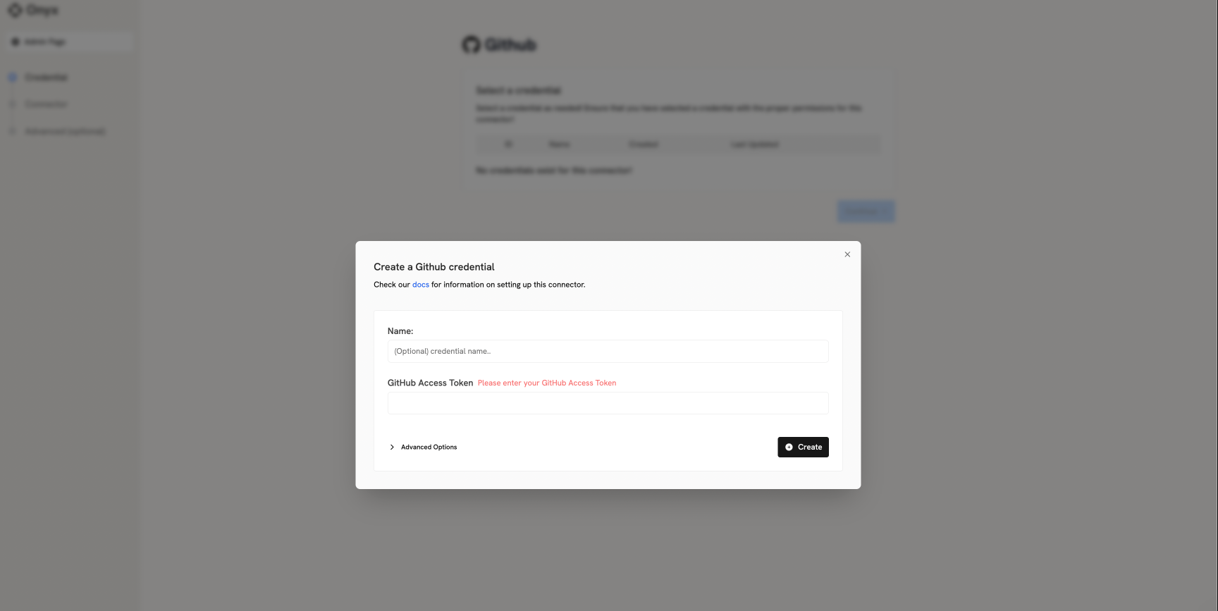 Onyx GitHub connector credentials entry screen