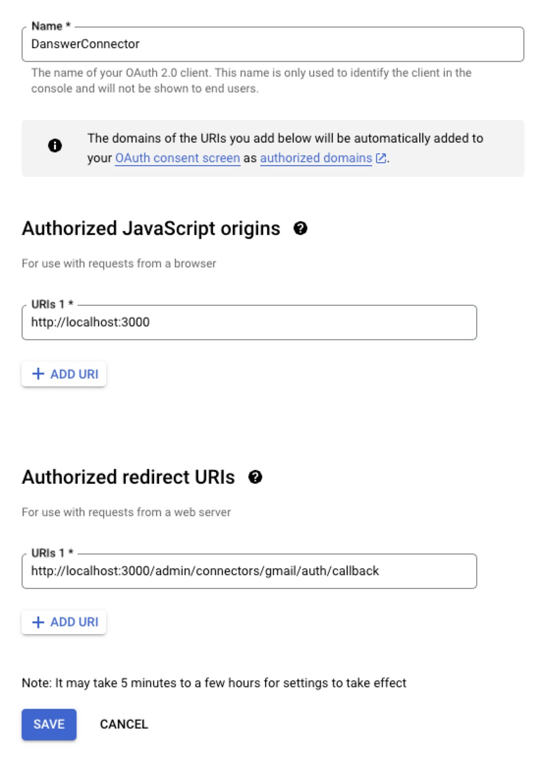 Authorized origins and redirect URIs for Gmail OAuth client