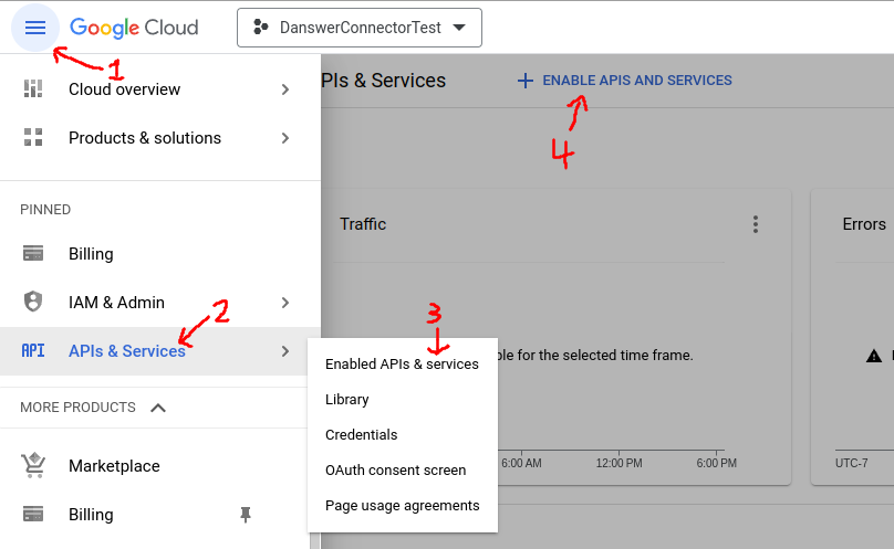 Google Cloud Console enabling Drive, Admin SDK, Docs, and Sheets APIs