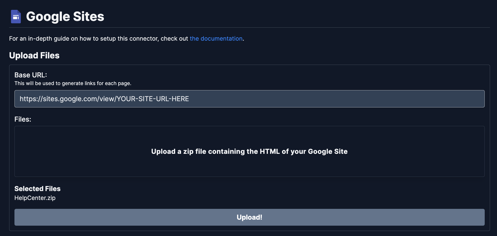 Onyx Google Sites connector configuration UI
