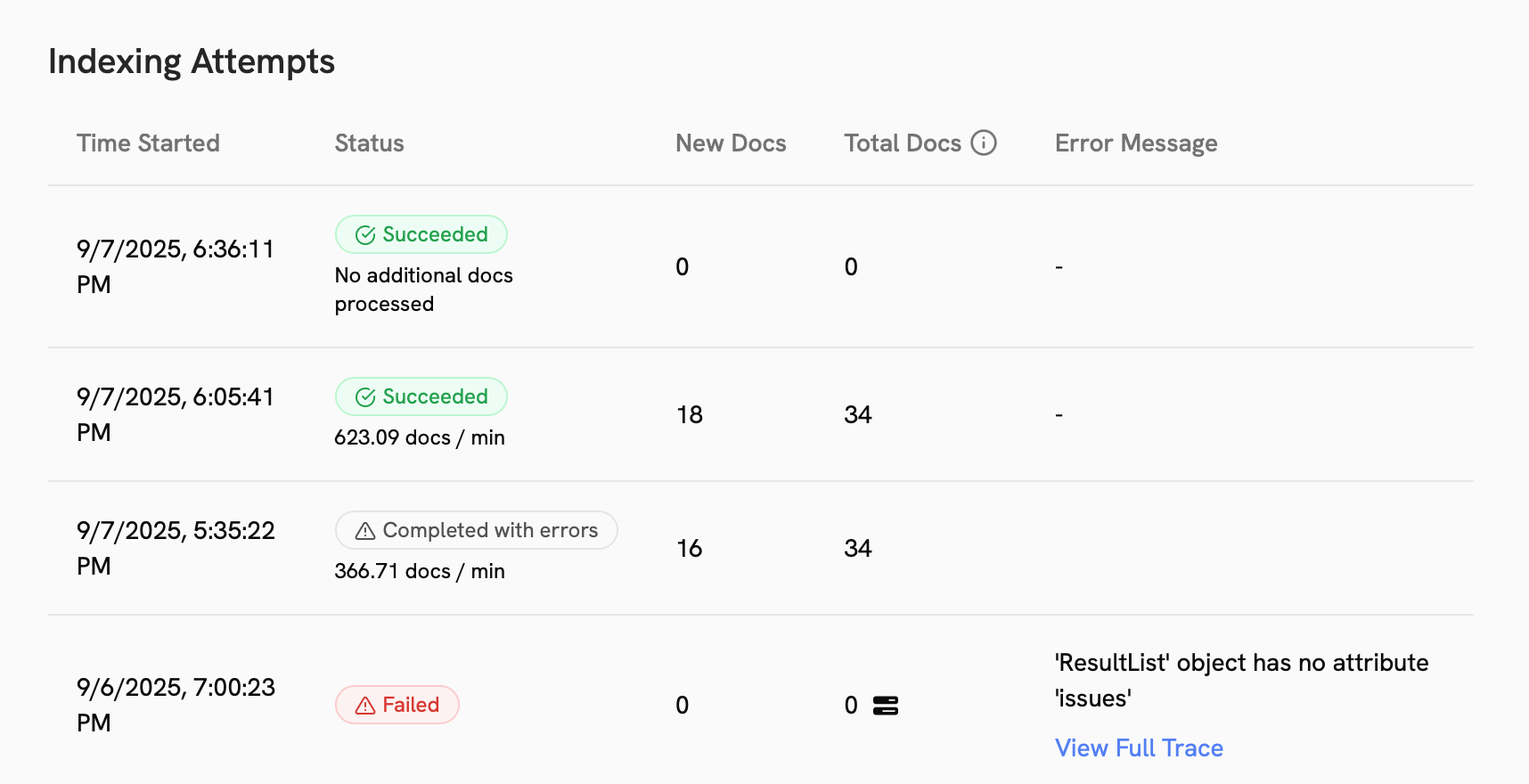 Onyx Connector details page showing indexing attempts and failures