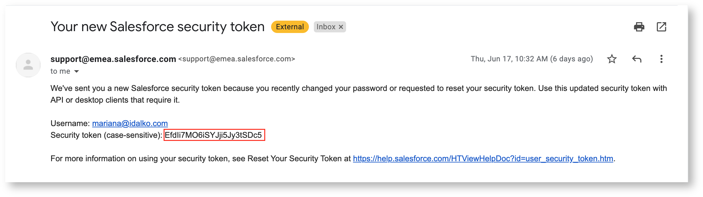 Email example showing Salesforce security token message
