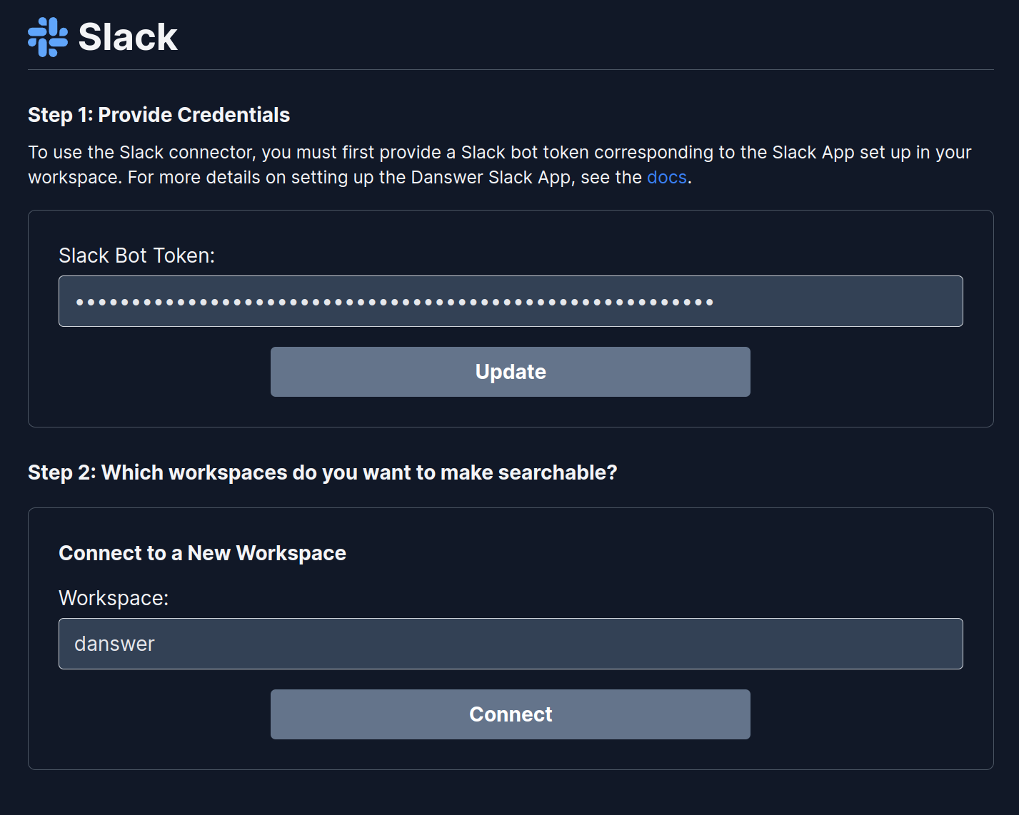 Onyx Slack connector settings showing Bot User OAuth Token input
