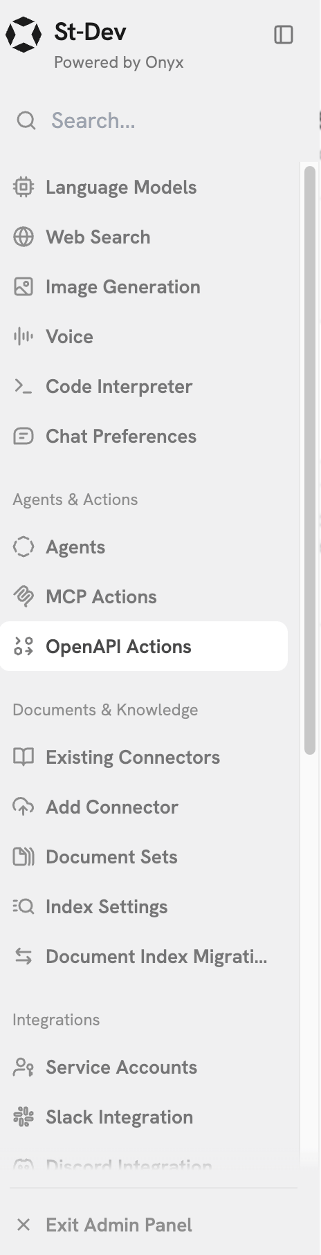 OpenAPI Actions tab in Onyx Admin Panel sidebar