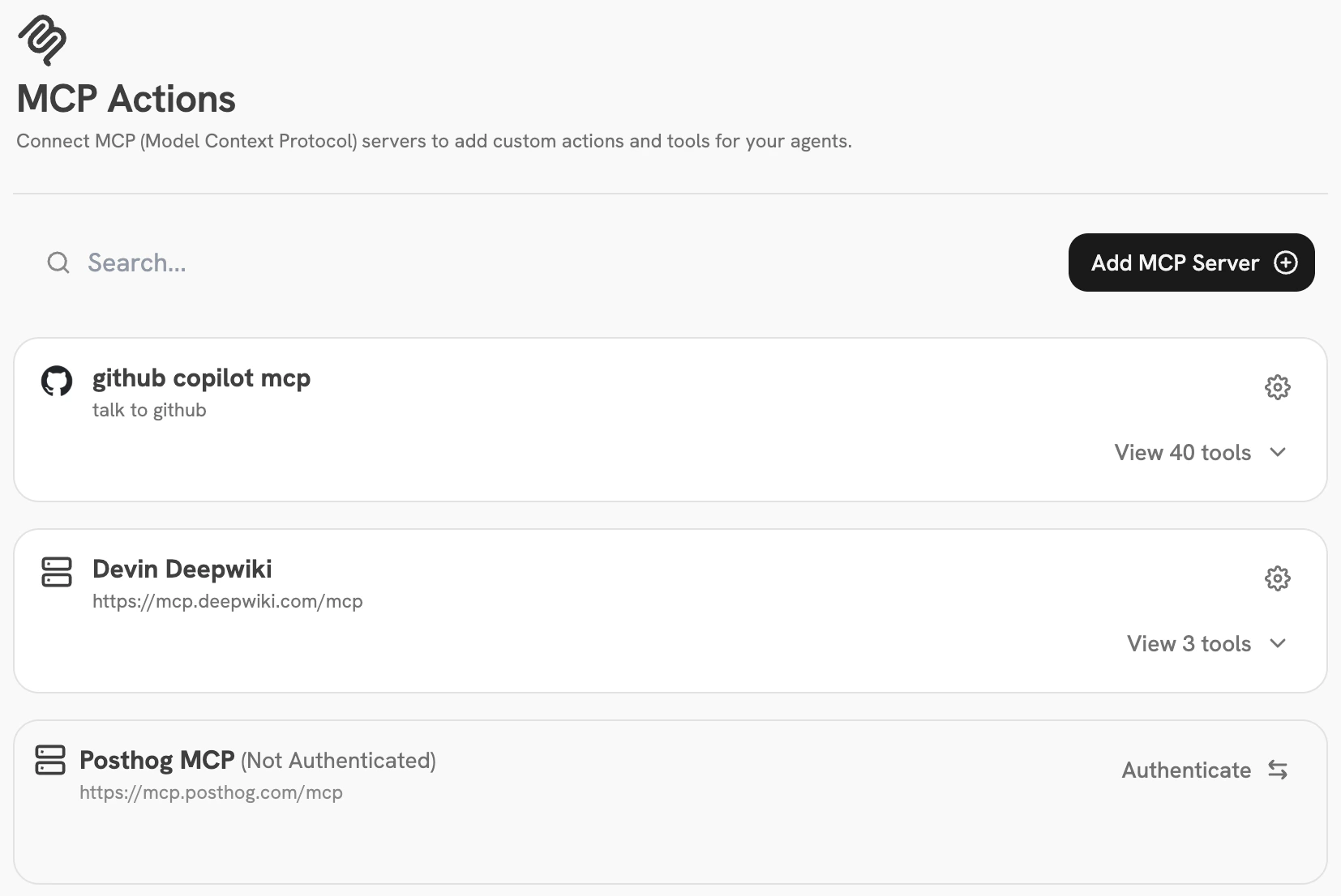 MCP Actions dashboard in Onyx Admin Panel