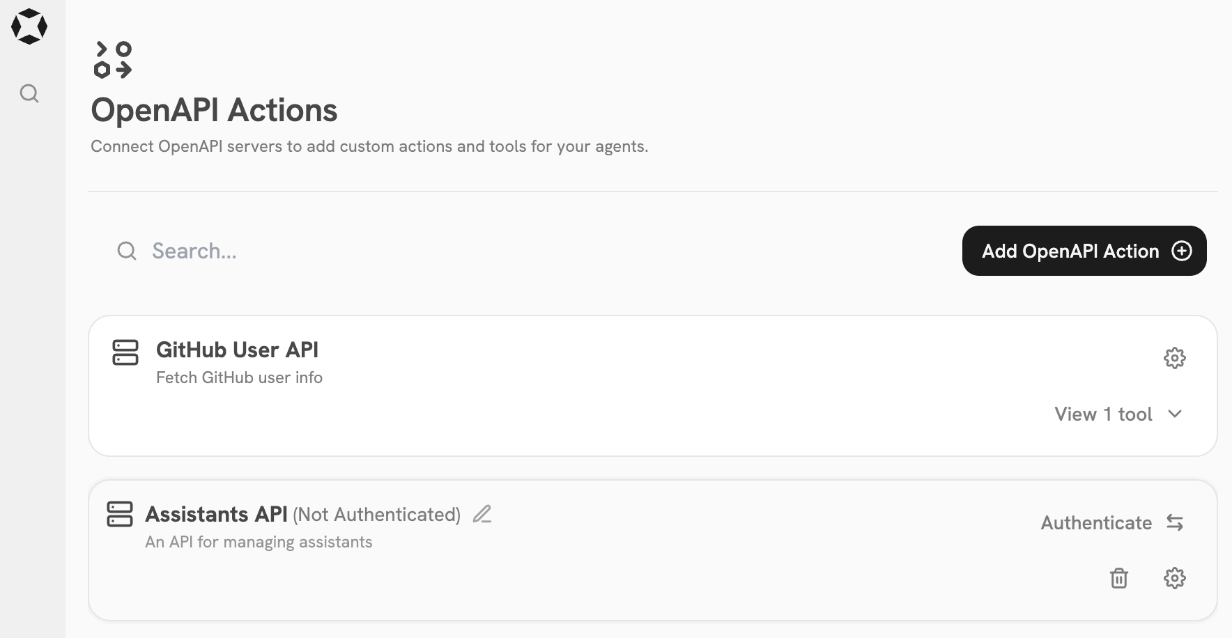 OpenAPI Actions dashboard in Onyx Admin Panel