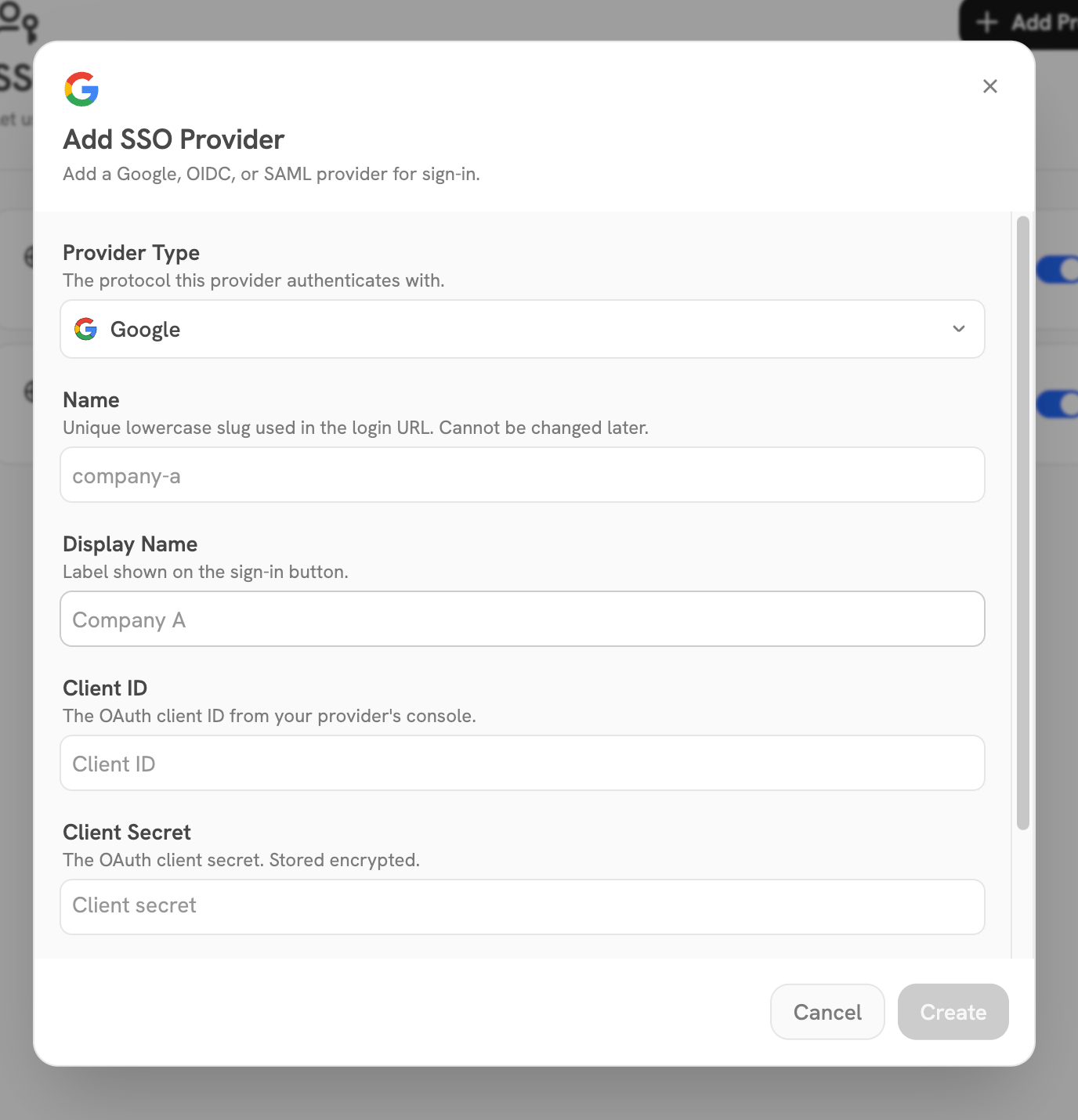 Add SSO Provider modal