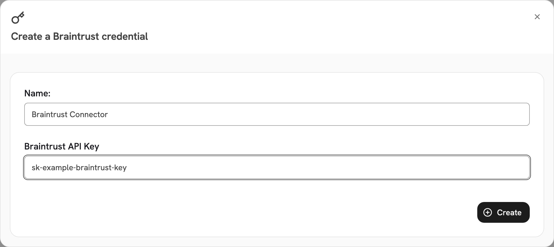 Create a Braintrust credential with a name and the Braintrust API key