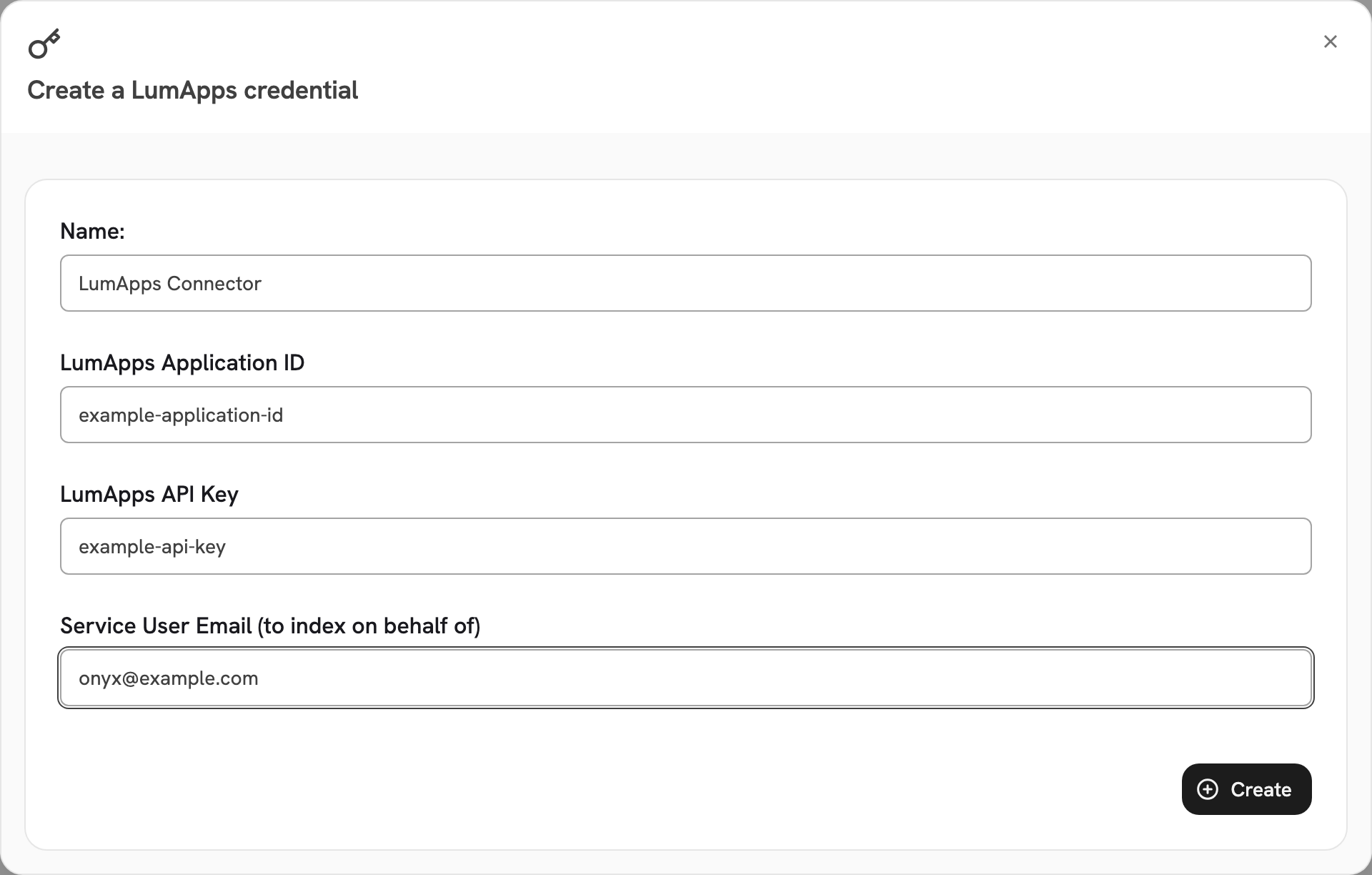 Create a LumApps credential with an application ID, API key and service user