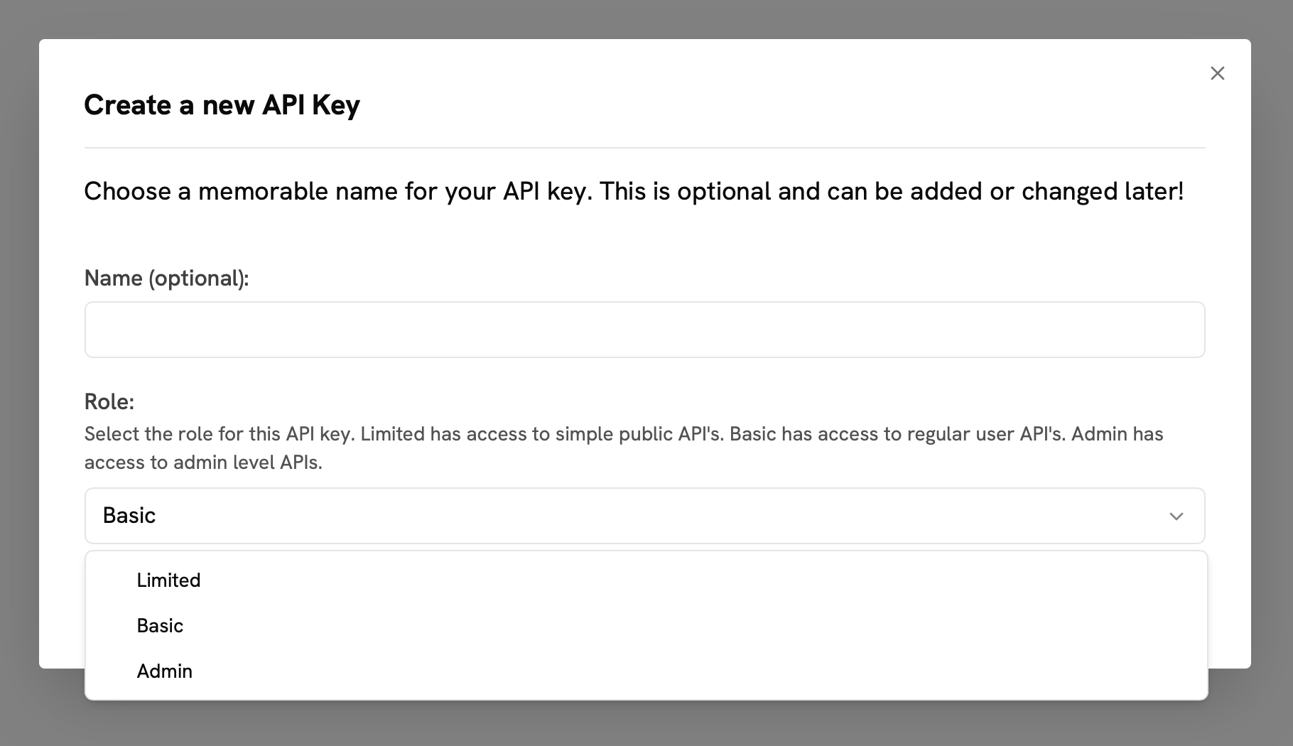 Create API Key interface with the Limited, Basic, and Admin role options