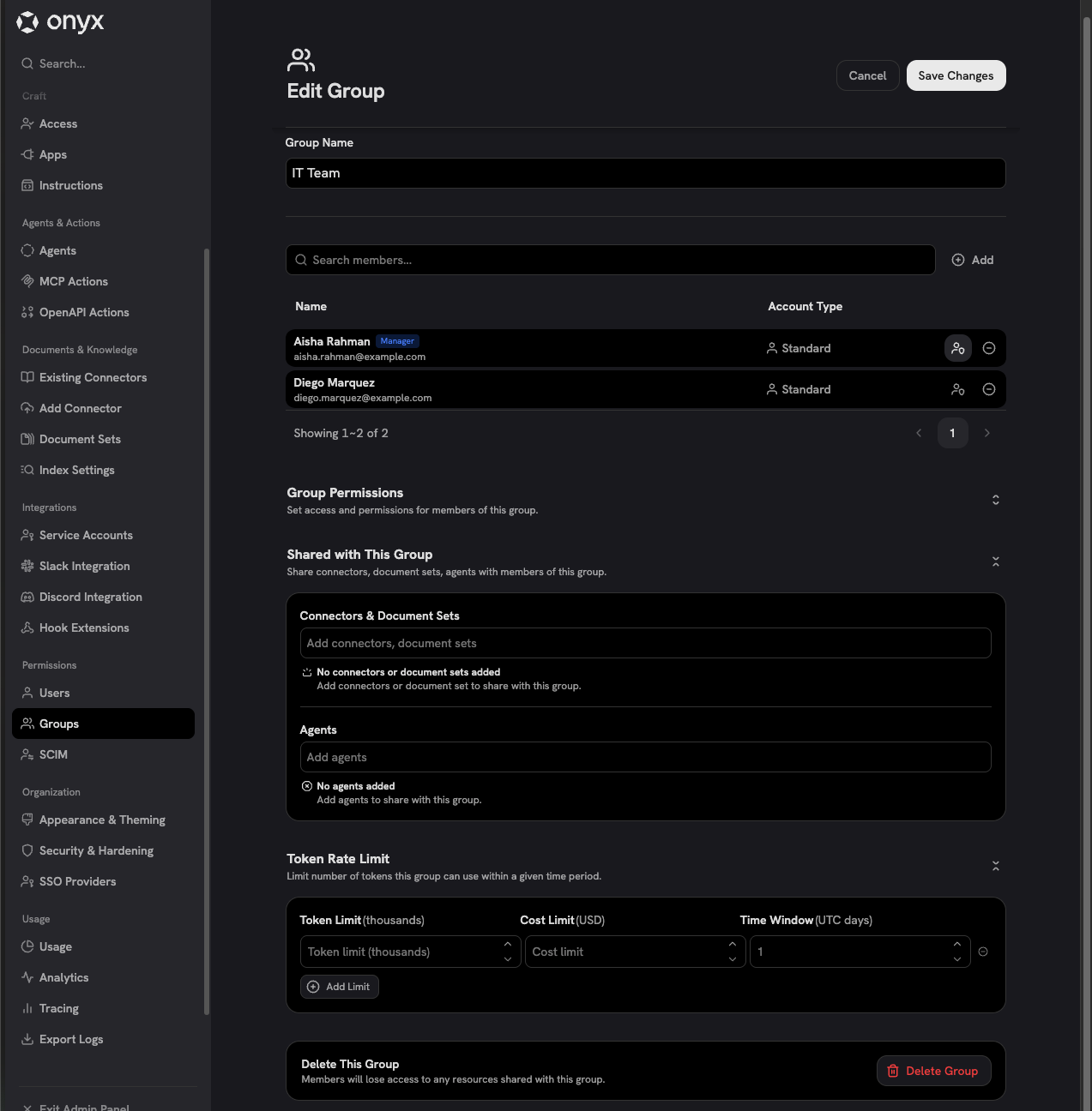 Edit Group page showing members, group permissions, shared resources, and token rate limits