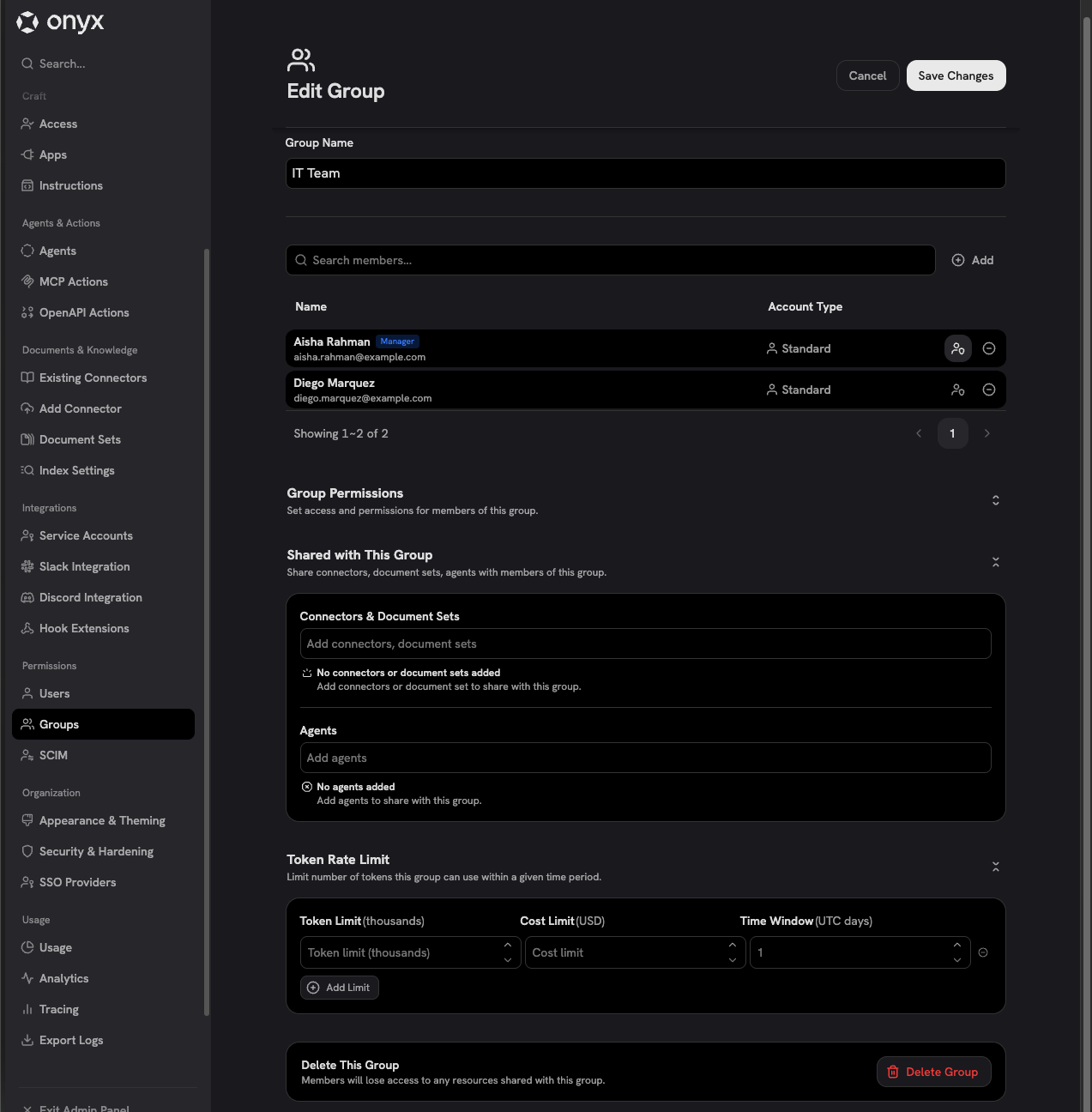 Edit Group page showing members, group permissions, shared resources, and token rate limits