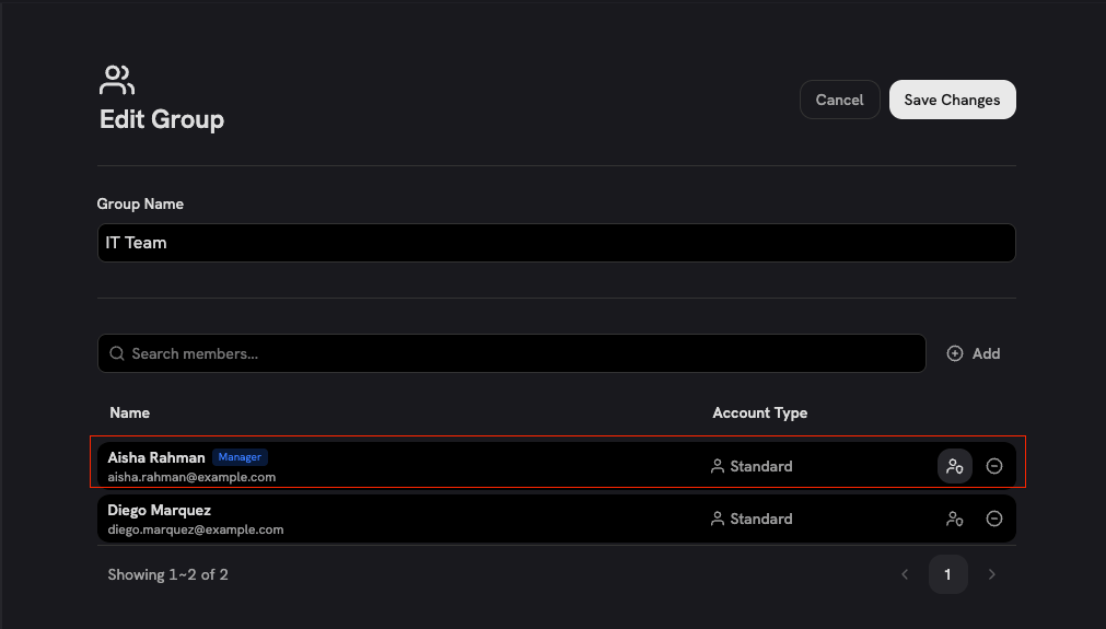 Edit Group member list with one member marked as Manager
