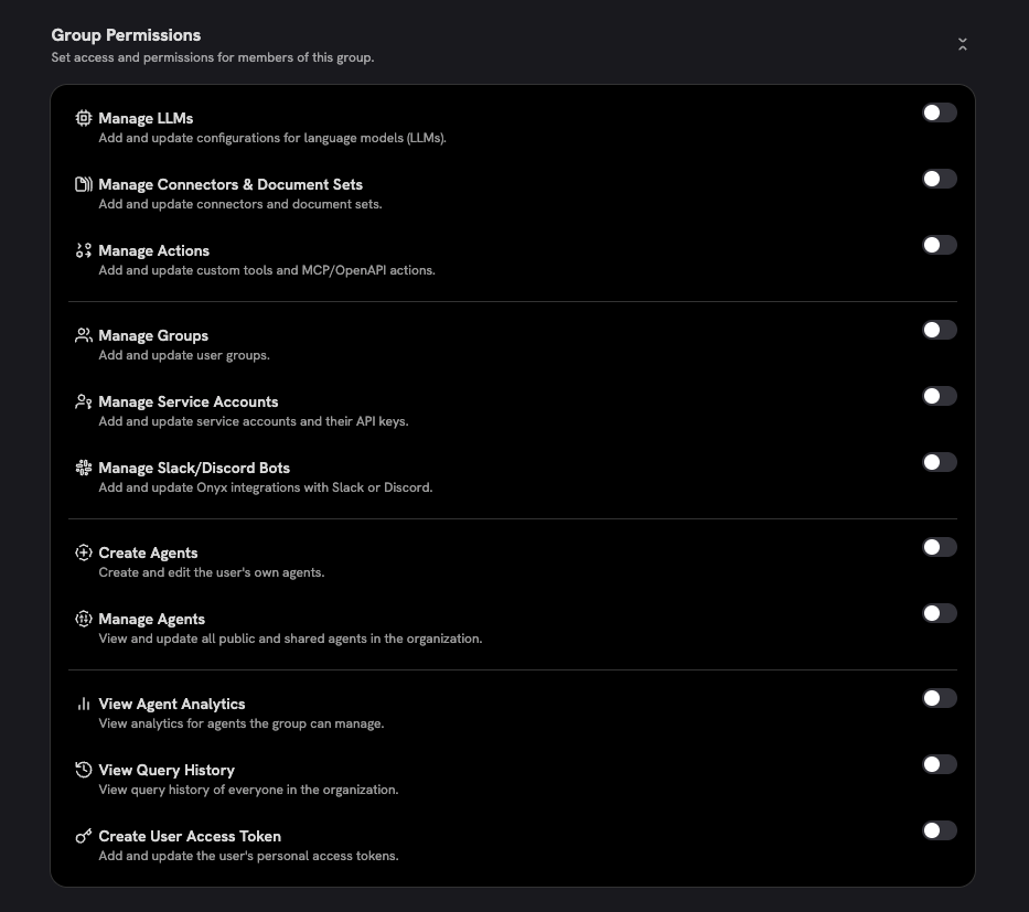 Group Permissions panel showing a toggle for each available permission