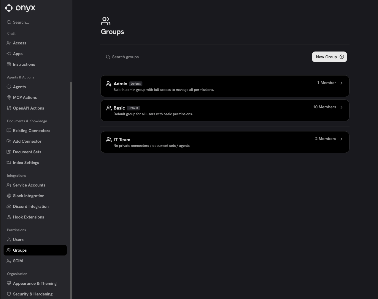 Groups page showing the default Admin and Basic groups alongside a custom group