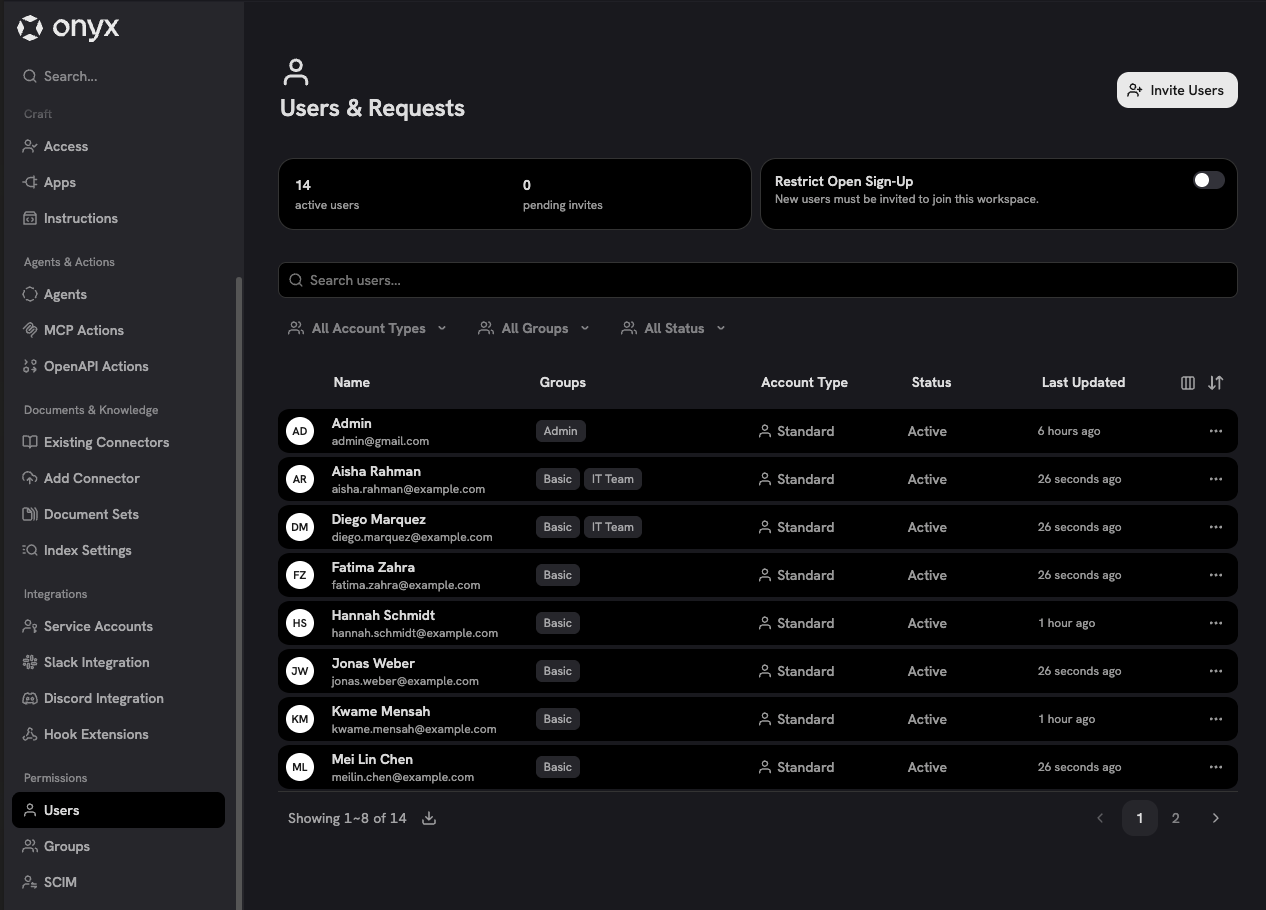 Users page listing accounts with their groups, account type, and status