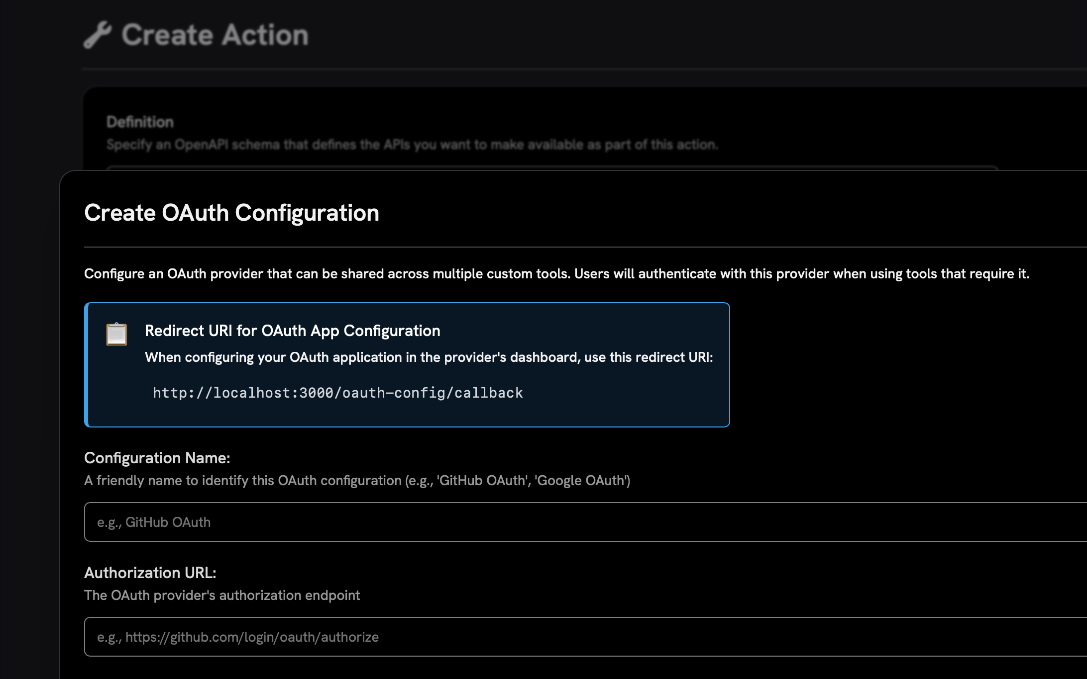 OAuth Actions configuration