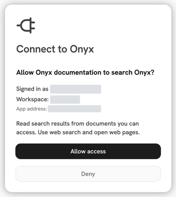 Onyx OAuth consent page showing the app name, requested search access, Allow access, and Deny. Account details are hidden.