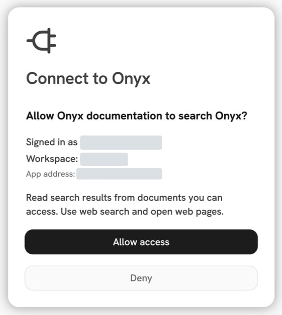 Onyx OAuth consent page showing the app name, requested search access, Allow access, and Deny. Account details are hidden.