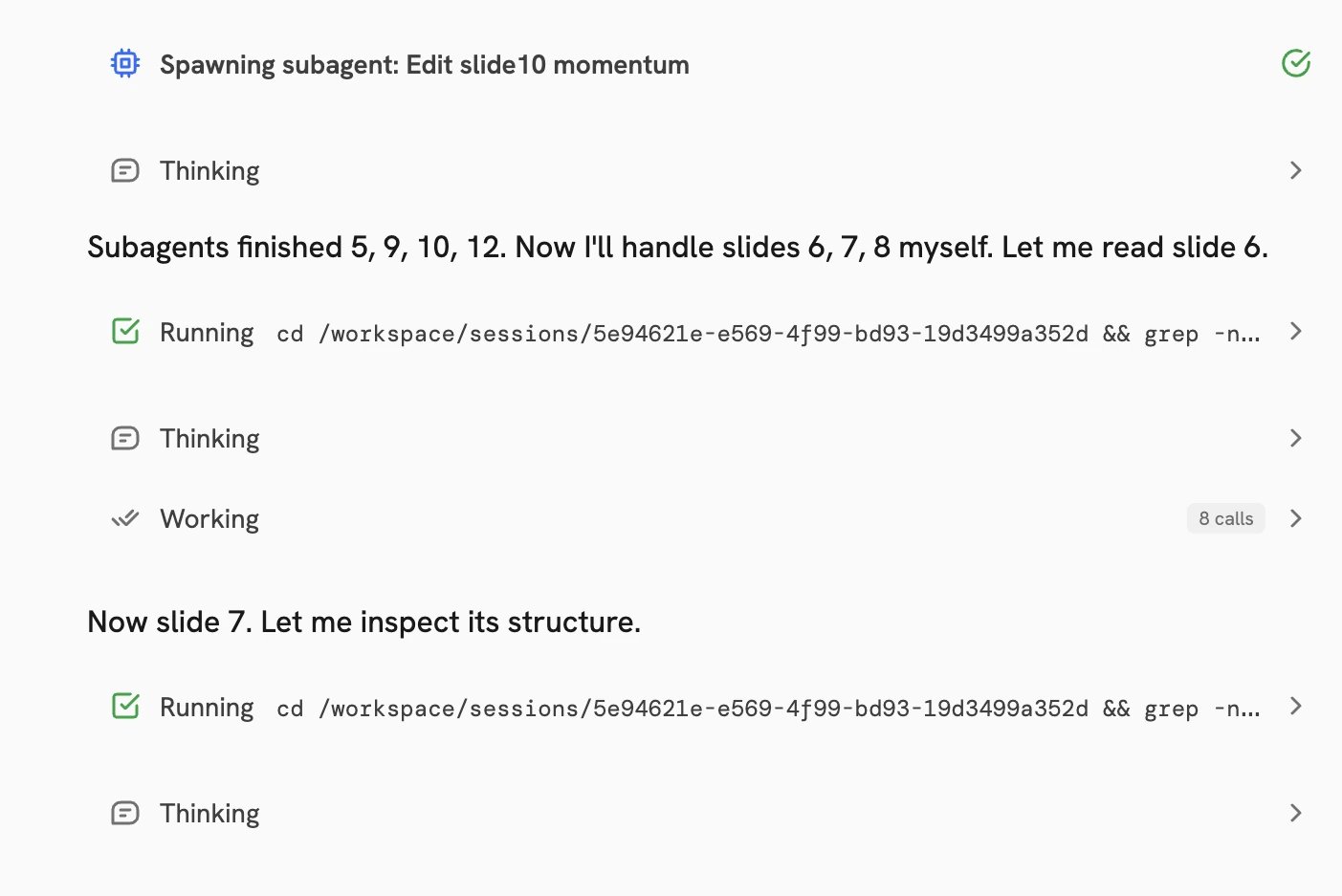 A Craft session building a pitch deck and delegating individual slides to parallel subagents