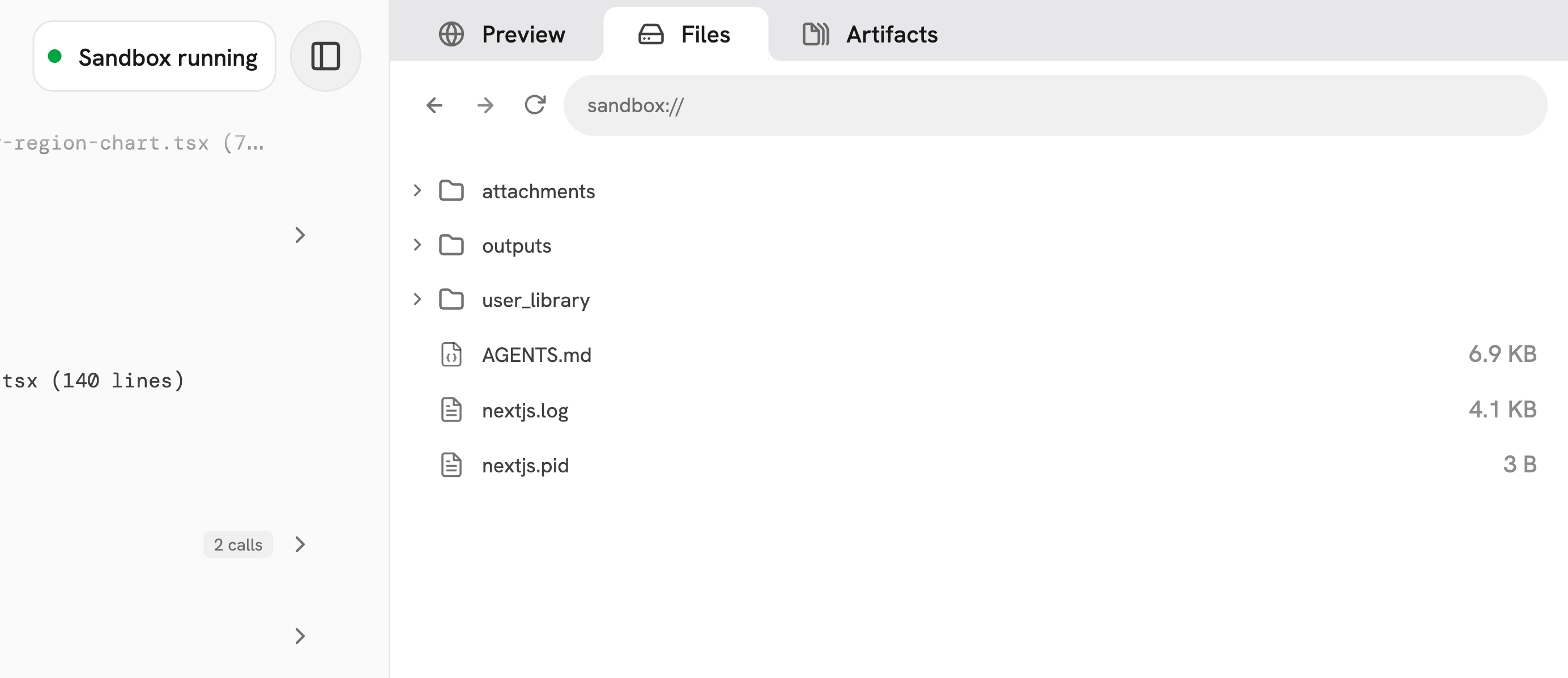 The Output panel showing the Preview, Files, and Artifacts tabs with the session workspace files