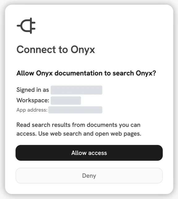 Onyx OAuth consent page showing the app name, requested search access, Allow access, and Deny. Account details are hidden.